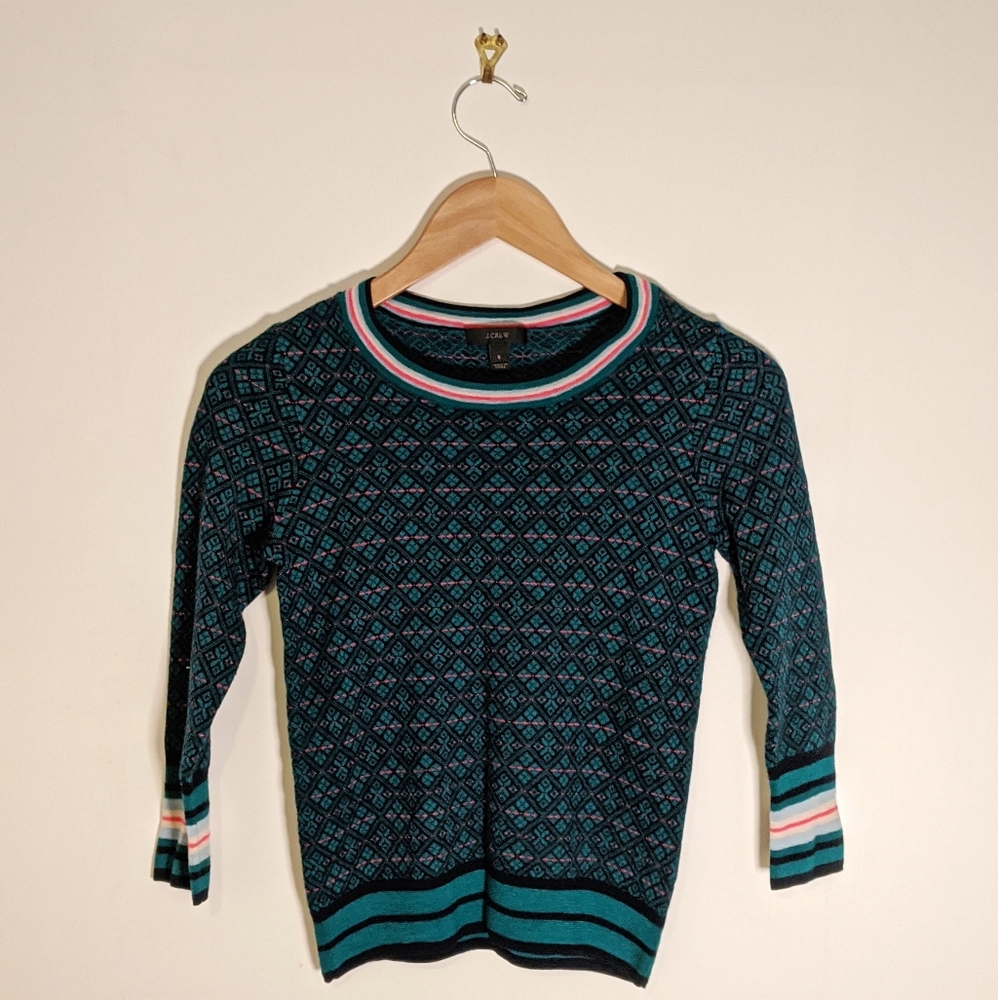 J. Crew Merino Wool Green Black and Pink Sweater